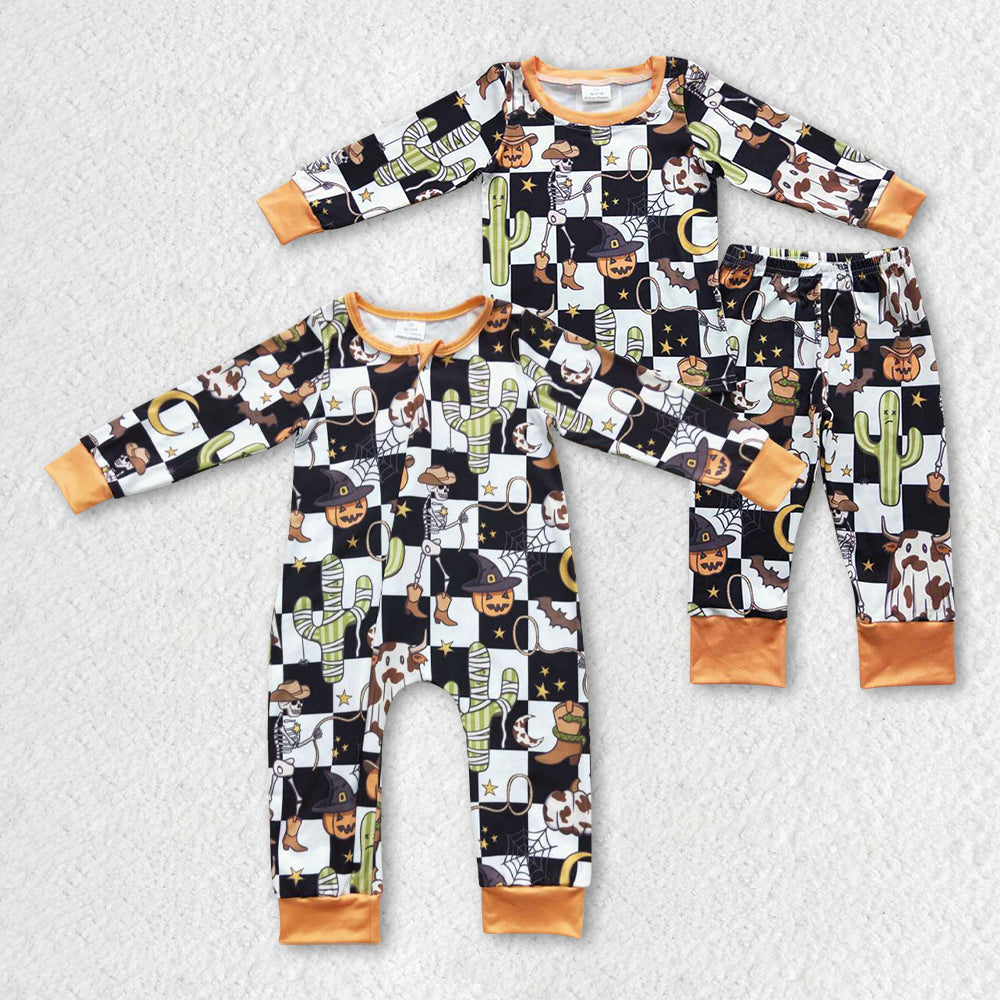 LR0404 checkerboard halloween western zip up long sleeve girl romper 20230727 RTS