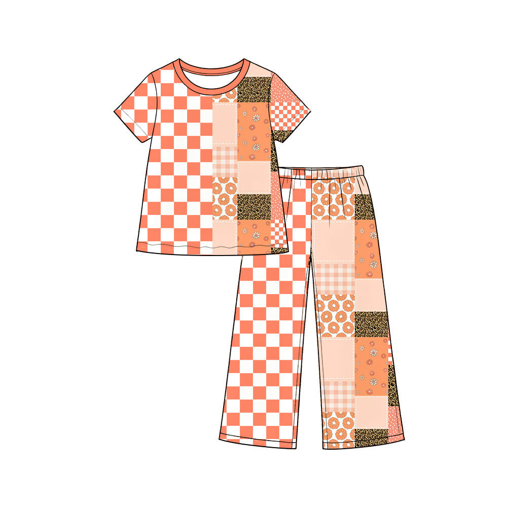 Preorder (moq 5) Baby Girl Clothes Orange Check Patchwork Floral Leopard Mixed Print Short Sleeve Wide Leg Pant Set