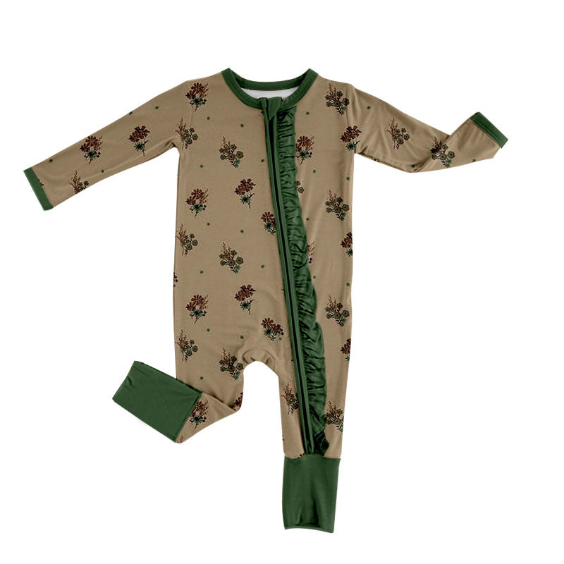 Preorder (moq 5) Baby Girl Clothes Khaki Rust Floral Print Long Sleeve Ruffle Zip Front Romper Jumpsuit