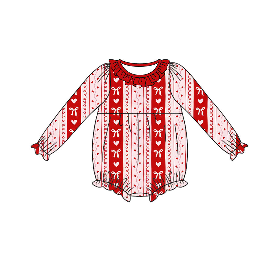 Preorder (moq 5) Baby Girl Clothes Red Bow Heart Stripe Print Long Sleeve Ruffle Neck Bubble Romper