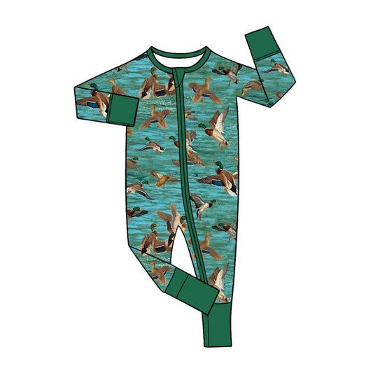 Preorder (moq 5) Baby Boy Clothes Realistic Mallard Duck Water Print Long Sleeve Zipper Romper Jumpsuit