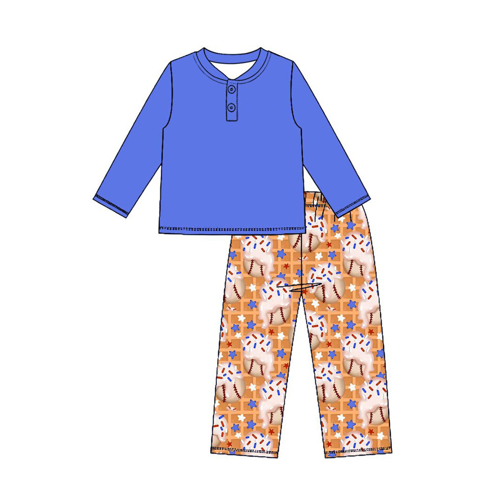 Preorder (moq 5) Baby Boy Clothes Baseball Waffle Donut Sprinkle Print Long Sleeve Henley Top Pant Set