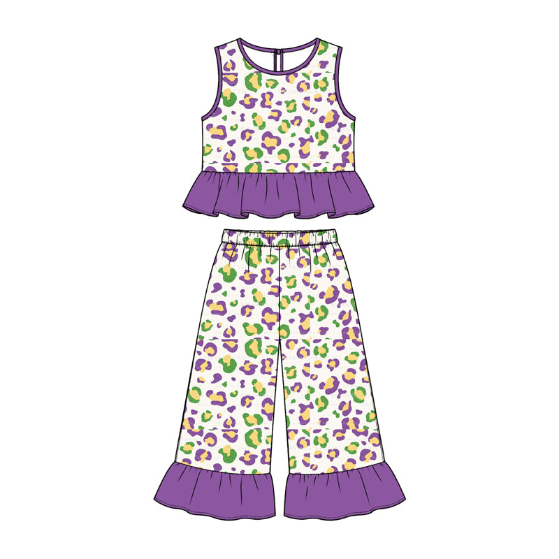 Preorder (moq 5) Baby Girl Clothes Mardi Gras Purple Green Gold Leopard Mixed Print Sleeveless Ruffle Flare Pant Set