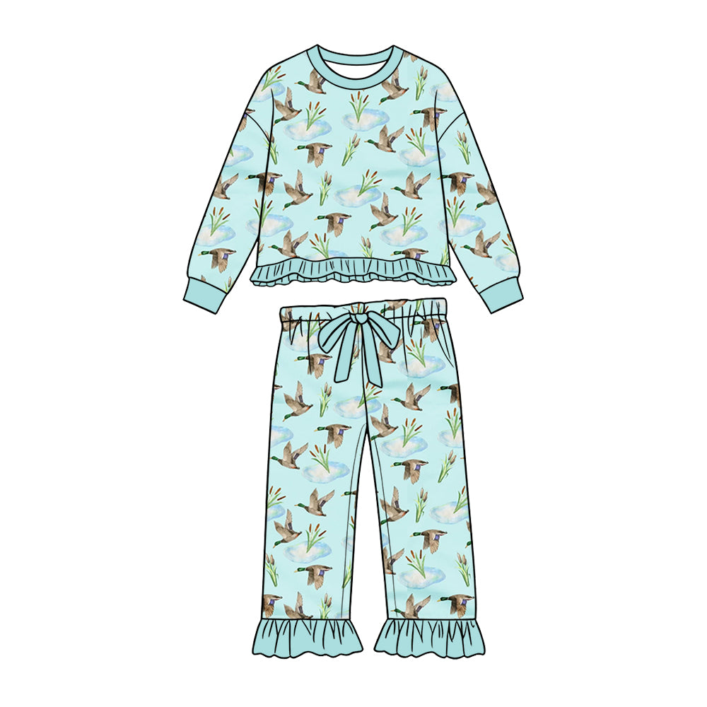 Preorder (moq 5) Baby Girl Clothes Light Blue Flying Duck Watercolor Print Long Sleeve Ruffle Top Ruffle Pant Set