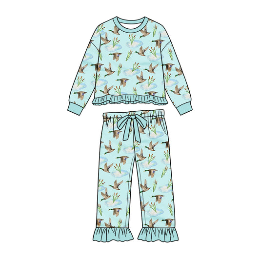 Preorder (moq 5) Baby Girl Clothes Light Blue Flying Duck Watercolor Print Long Sleeve Ruffle Top Ruffle Pant Set