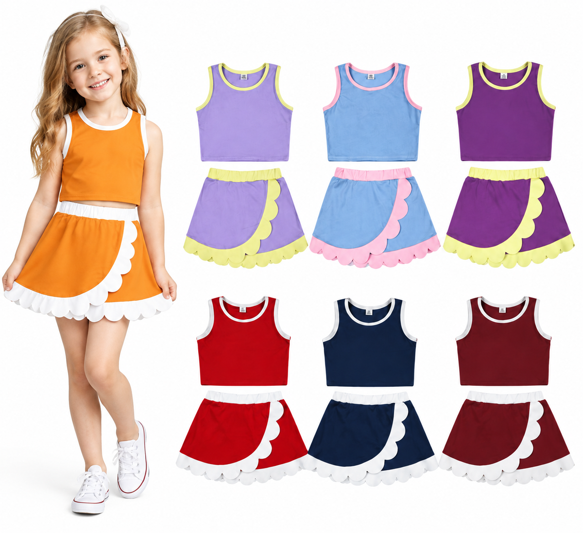 NO MOQ RTS GSD4014 Girl Clothes Solid Blue Pink Trim Plain Print Sleeveless Tank Top Scallop Skirt Set 202610