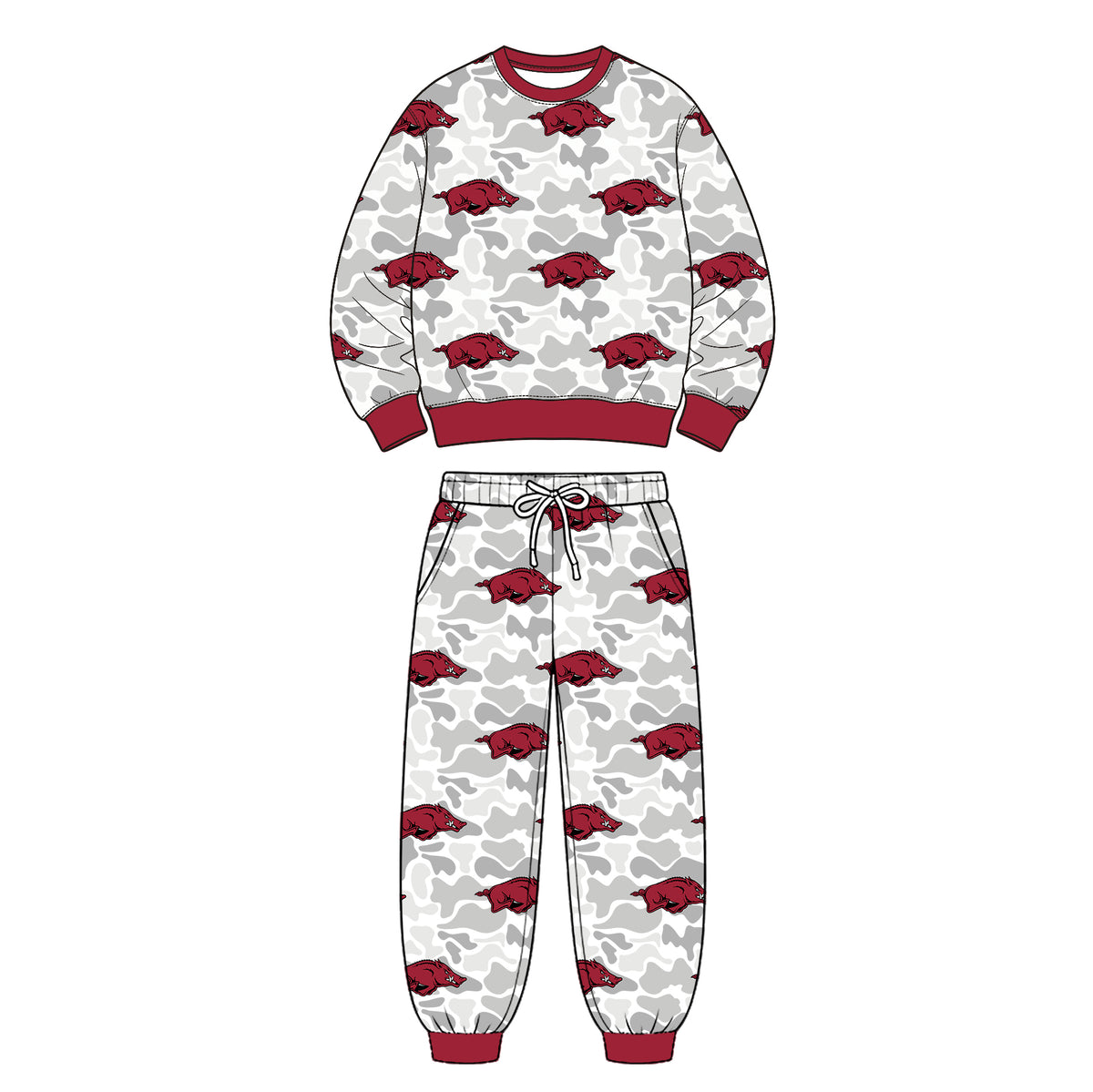 Preorder (moq 5) Arkansas Baby Clothes Grey Camo Logo Mixed Print Long Sleeve Sweatshirt Jogger Pants Outfit Set