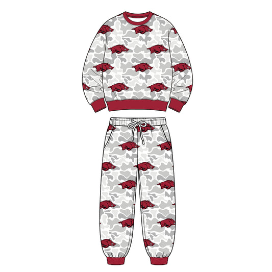 Preorder (moq 5) Arkansas Baby Clothes Grey Camo Logo Mixed Print Long Sleeve Sweatshirt Jogger Pants Outfit Set