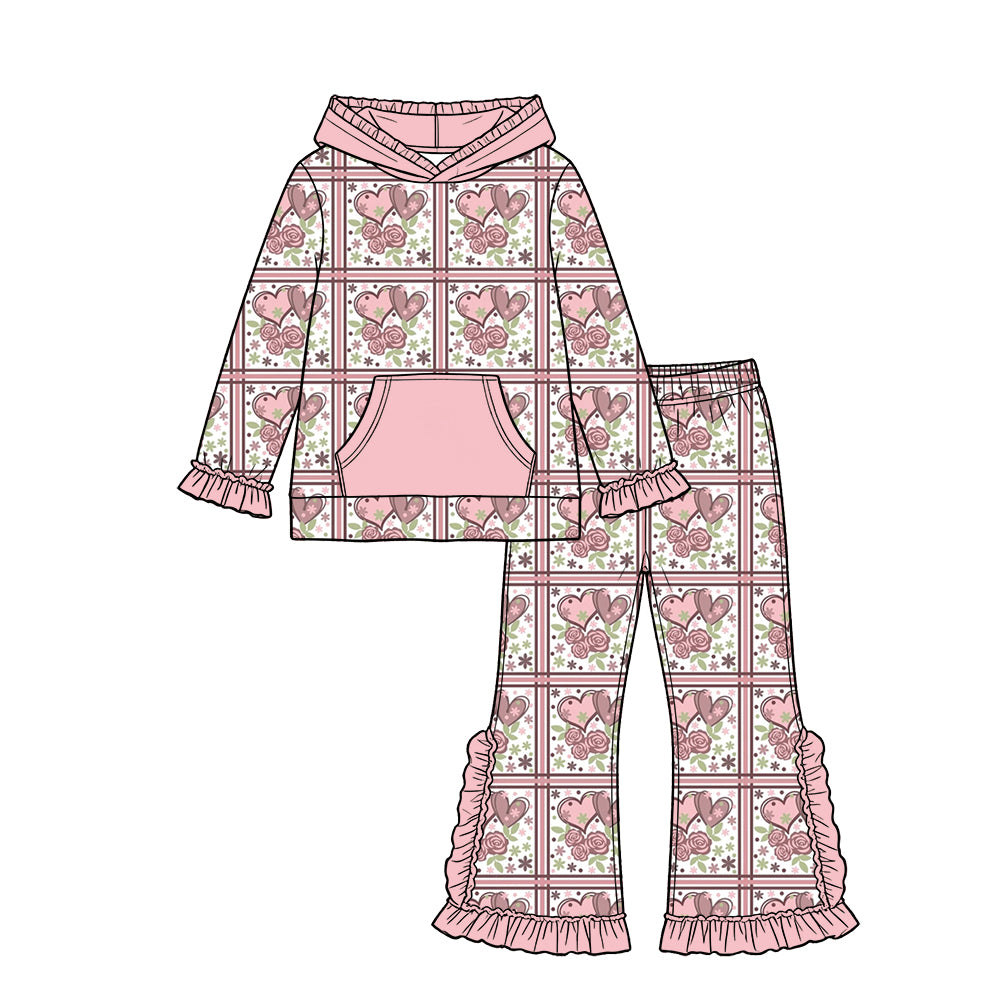 Preorder (moq 5) Baby Girl Clothes Valentine Heart Rose Plaid Mixed Print Long Sleeve Hooded Top Ruffle Flare Pant Set