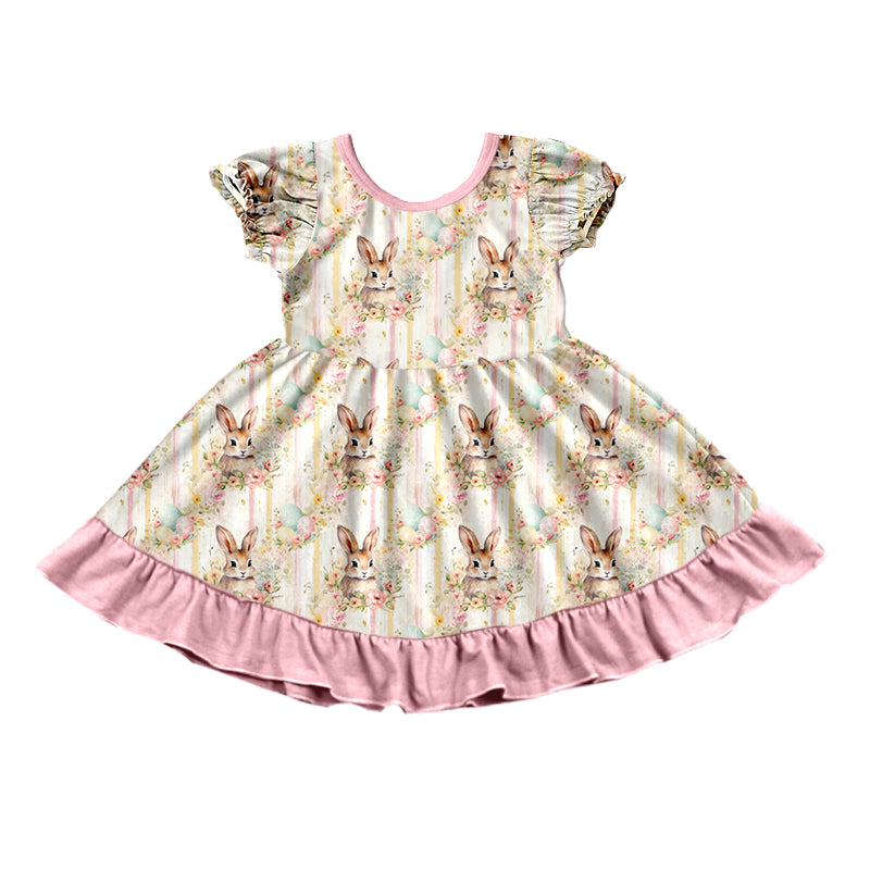 Preorder (moq 5) Baby Girl Clothes Floral Easter Bunny Stripe Egg Print Short Sleeve Ruffle Twirl Dress