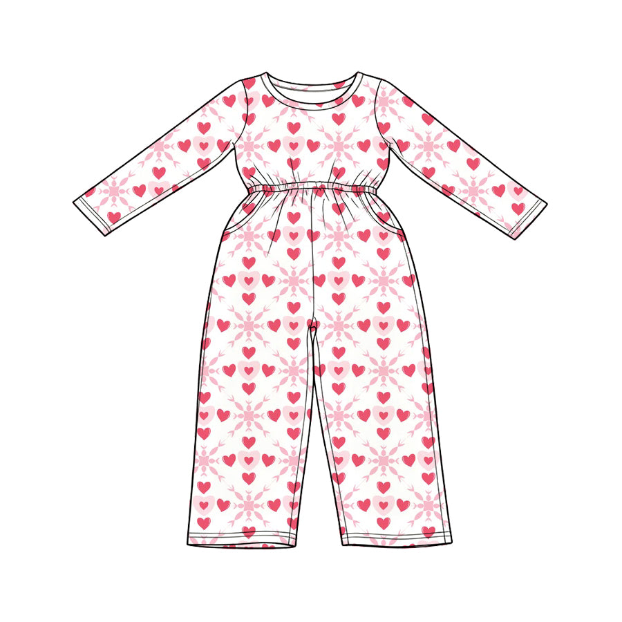 Preorder (moq 5) Baby Girl Clothes Pastel Heart Floral Damask Allover Print Long Sleeve Elastic Waist Pocket Jumpsuit
