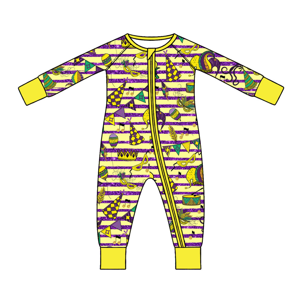 Preorder (moq 5) Baby Girl Clothes Mardi Gras Party Hat Drum Stripe Mixed Print Long Sleeve Zipper Romper