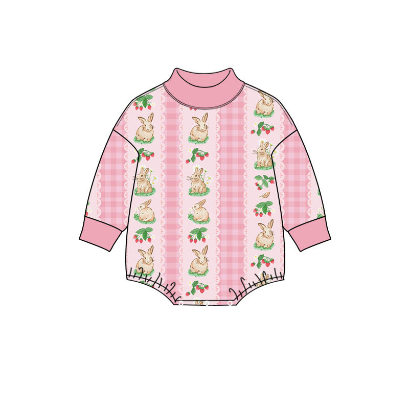 Preorder (moq 5) Baby Girl Clothes Easter Strawberry Bunny Lace Stripe Pink Print Long Sleeve Mock Neck Bubble Romper