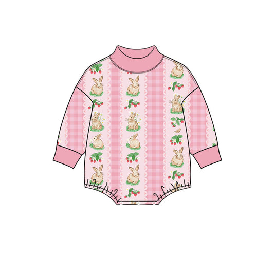 Preorder (moq 5) Baby Girl Clothes Easter Strawberry Bunny Lace Stripe Pink Print Long Sleeve Mock Neck Bubble Romper