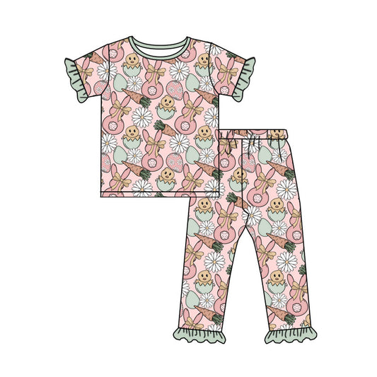 Preorder (moq 5) Baby Girl Clothes Easter Bunny Chick Egg Daisy Print Short Sleeve Ruffle Top Ruffle Long Pant Outfit Set