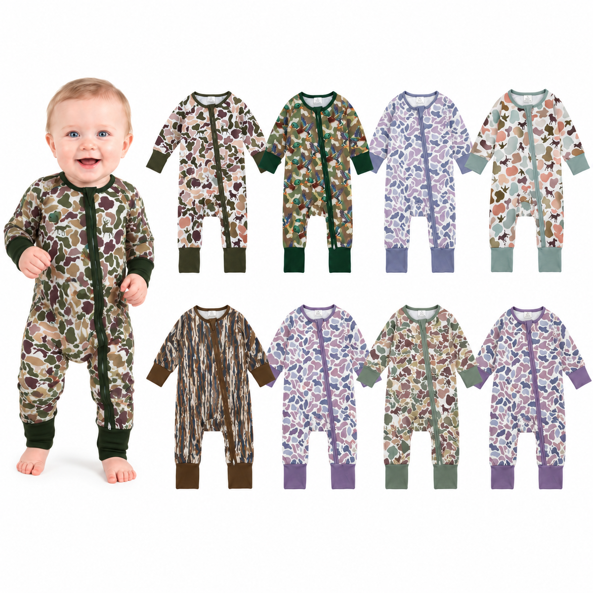 NO MOQ RTS LR2590 Baby Boy Clothes Turkey Deer Hunting Camo Print Long Sleeve Zipper Romper 202610