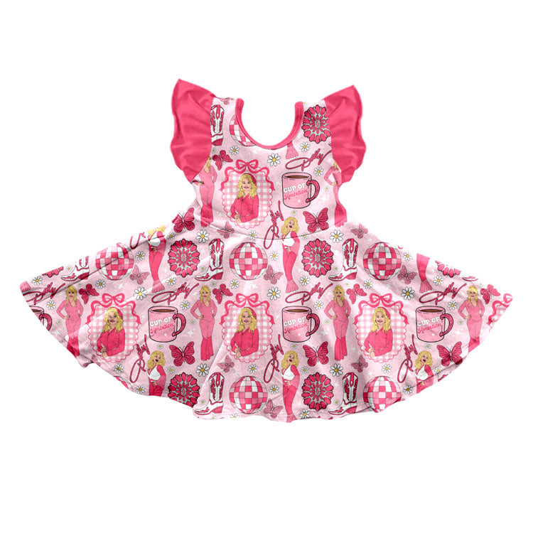Preorder (moq 5) Toddler Girl Clothes Country Singer Print Flutter Sleeve Twirl Dress
