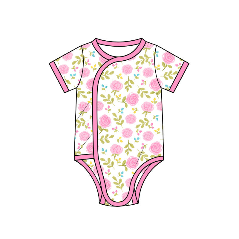 Preorder (moq 5) Baby Girl Clothes Soft Pink Rose Mixed Print Short Sleeve Side Snap Bodysuit