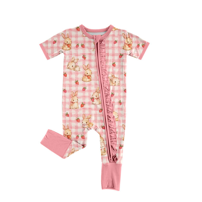 Preorder (moq 5) Baby Girl Clothes Easter Bunny Strawberry Gingham Print Short Sleeve Zipper Ruffle Romper