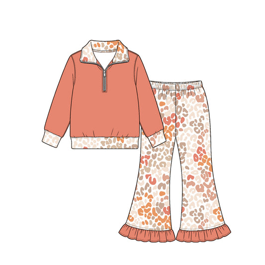 Preorder (moq 5) Baby Girl Clothes Terracotta Pastel Leopard Print Long Sleeve Half Zip Top Ruffle Flare Pant Set