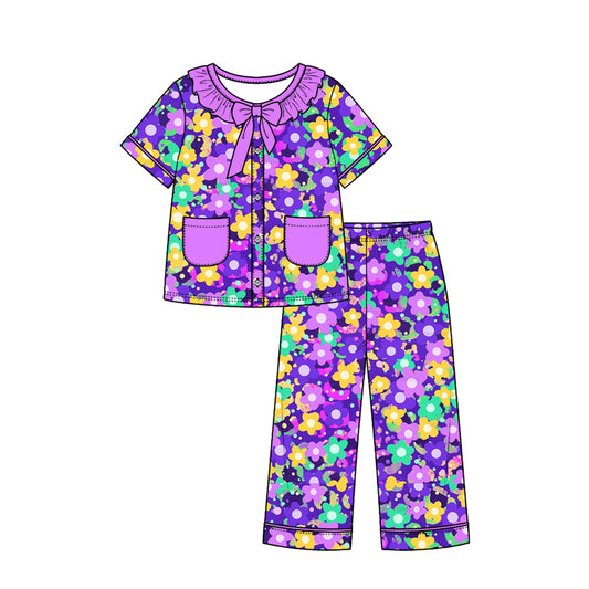 Preorder (moq 5) Girls Mardi Gras Pajamas Purple Bright Floral Print Ruffle Collar Bow Short Sleeve Top Long Pants Set