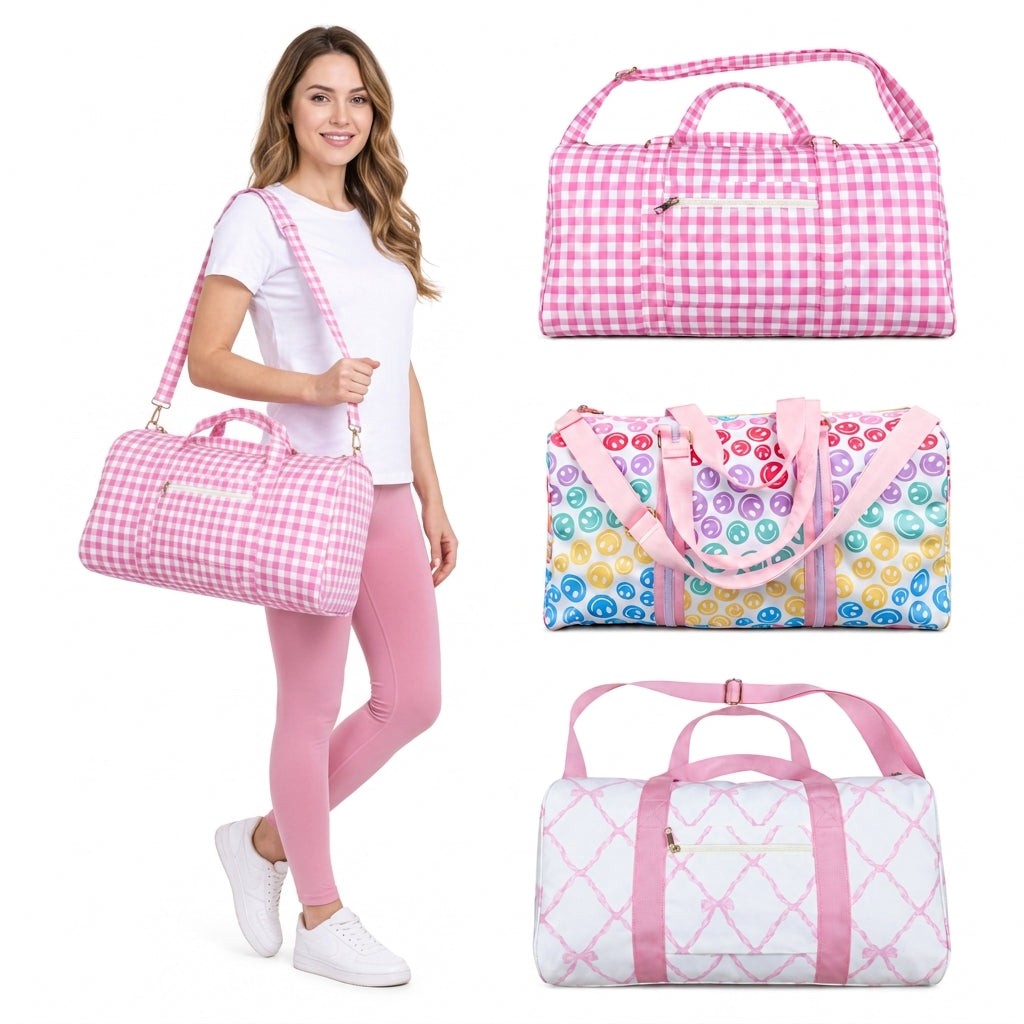 NO MOQ RTS BA0226 Kids Bag Pink Bow Lattice Print Travel Duffle Bag 202610