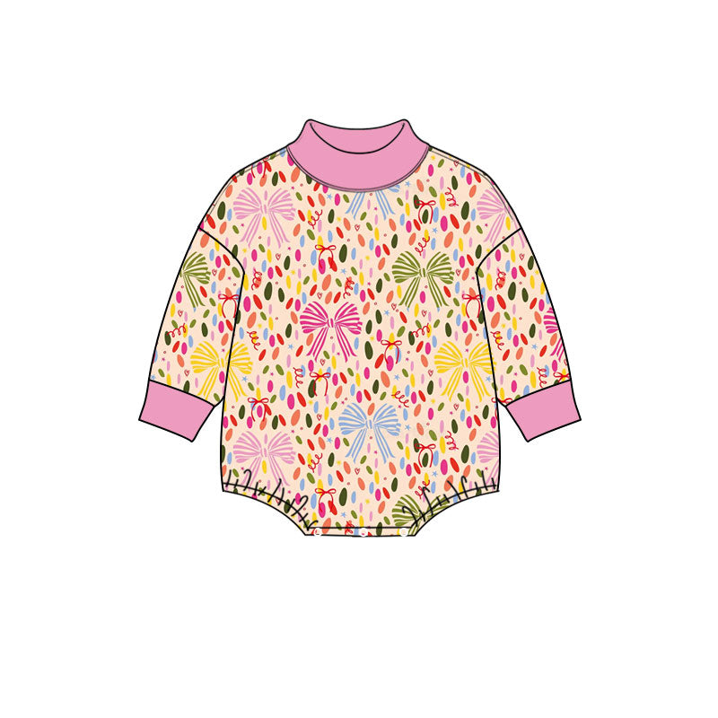 Preorder (moq 5) Baby Girl Clothes Confetti Bow Allover Print Long Sleeve Mock Neck Bubble Romper
