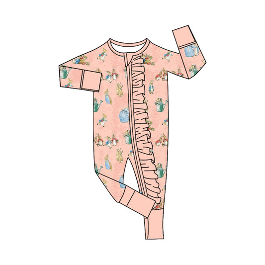 Preorder (moq 5) Baby Girl Clothes Easter Vintage Rabbit Garden Print Long Sleeve Ruffle Zipper Romper