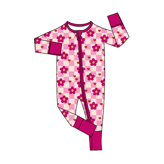 Preorder (moq 5) Baby Girl Clothes Pink Checkered Flower Heart Allover Print Long Sleeve Zipper Jumpsuit