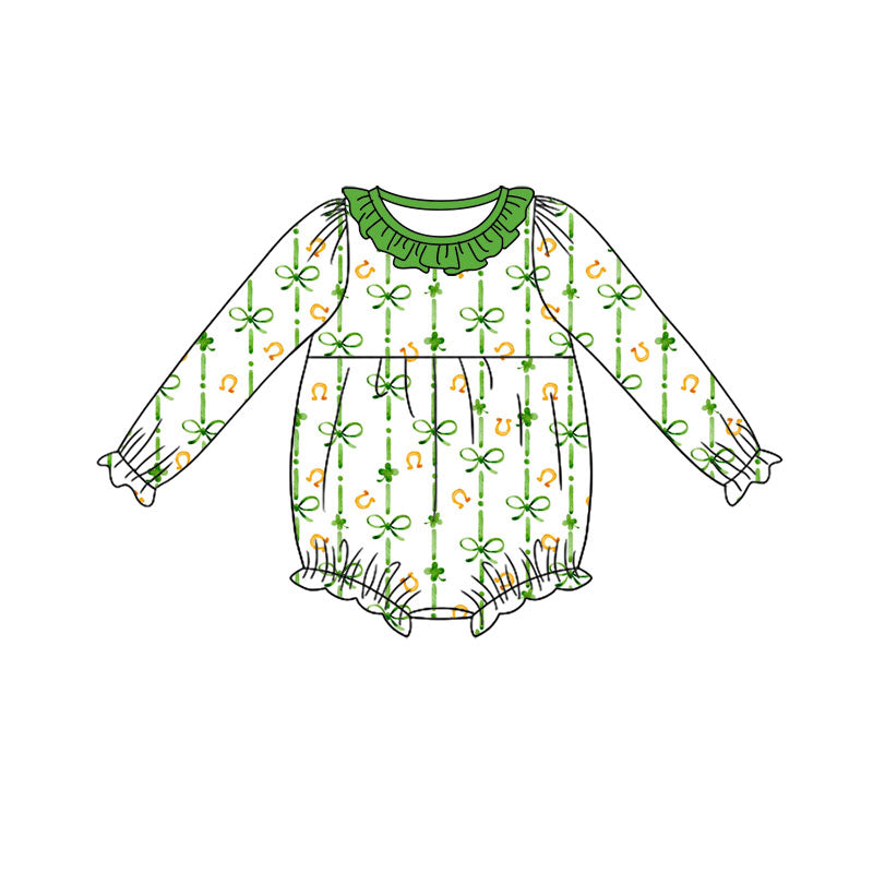 Preorder (moq 5) Baby Girl Clothes St Patricks Day Watercolor Clover Bow Stripe Print Long Sleeve Ruffle Bubble Romper