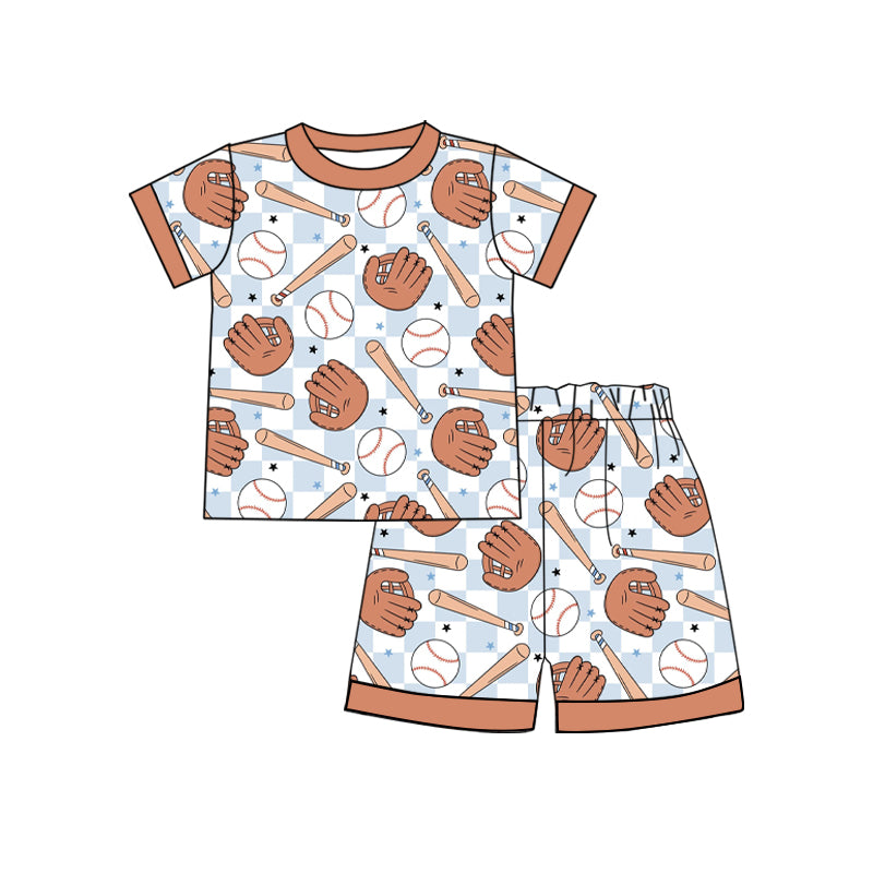 Preorder (moq 5) Boys Outfit Blue Checker Baseball Glove Bat Print Short Sleeve Top And Shorts Set 节日提示：无特定节日，棒