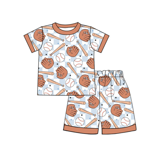 Preorder (moq 5) Boys Outfit Blue Checker Baseball Glove Bat Print Short Sleeve Top And Shorts Set 节日提示：无特定节日，棒