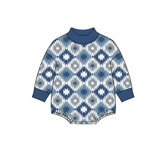 Preorder (moq 5) Baby Boy Clothes Navy Grey Southwest Aztec Print Long Sleeve Mock Neck Bubble Romper