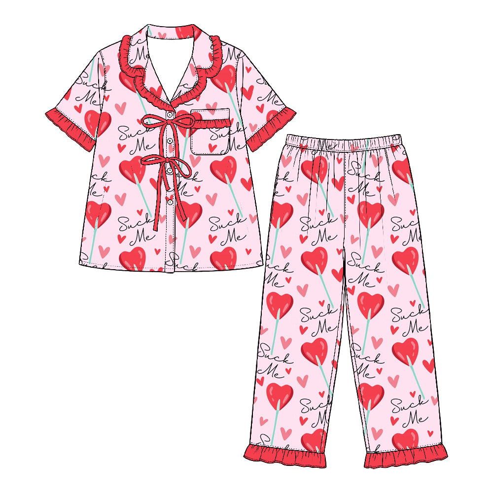 Preorder (moq 5) Baby Girl Clothes Valentine Heart Lollipop Mixed Print Short Sleeve Ruffle Pajama Set