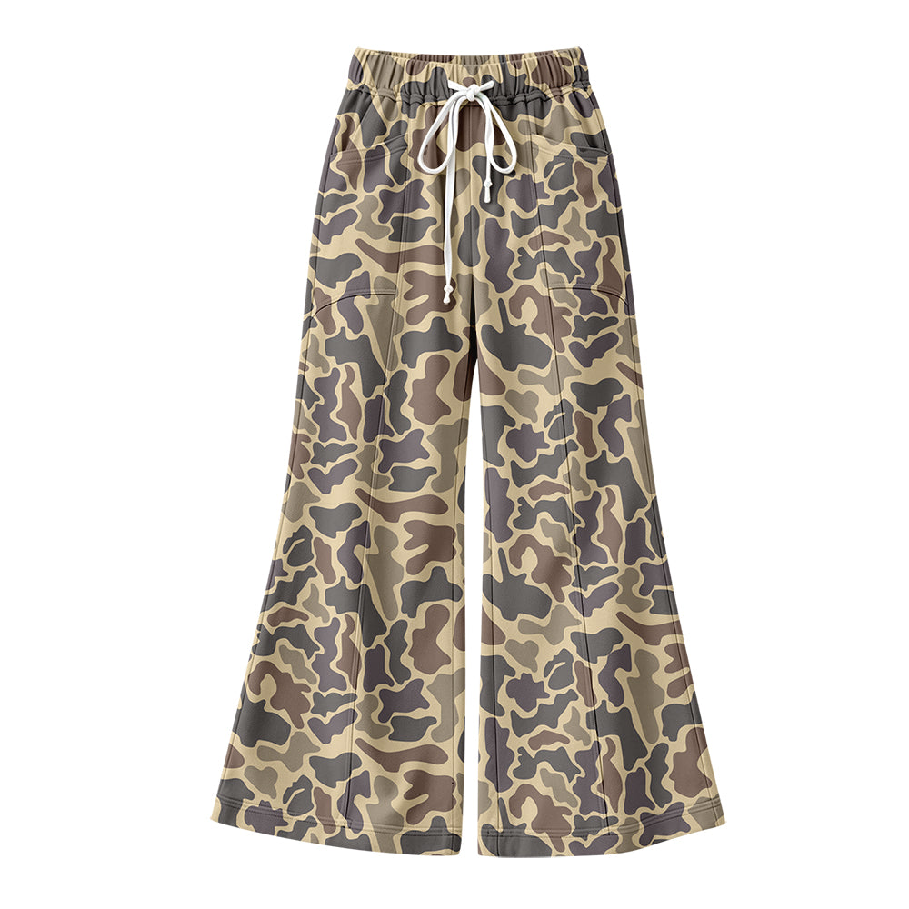 Preorder (moq 5) Baby Girl Clothes Sage Grey Camo Allover Print Flare Wide Leg Pants