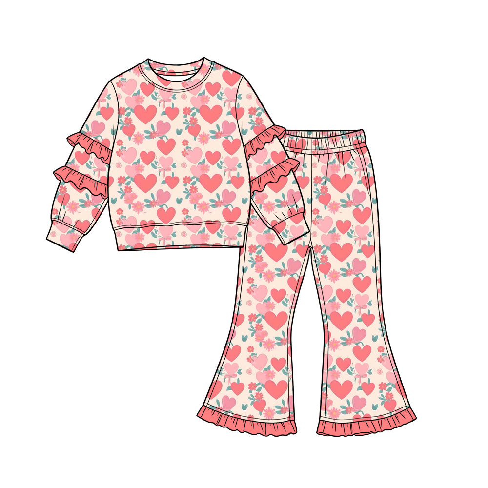 Preorder (moq 5) Baby Girl Clothes Blush Heart Daisy Allover Print Long Sleeve Ruffle Sleeve Flare Pant Set