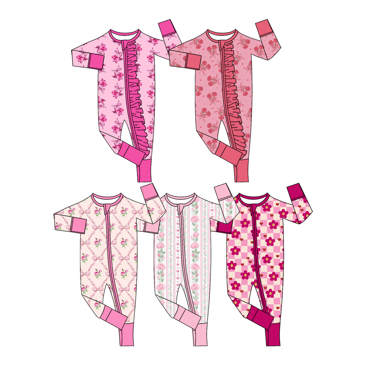 Preorder (moq 5) Baby Girl Clothes Pink Lattice Rose Bow Allover Print Long Sleeve Zipper Jumpsuit