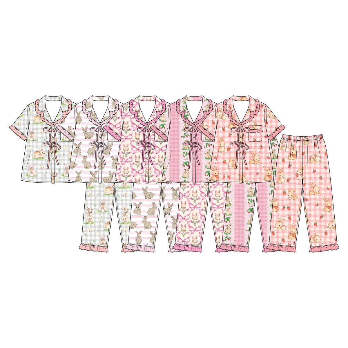 Preorder (moq 5) Baby Girl Clothes Easter Bunny Pink Bow Tulip Print Short Sleeve Ruffle Pajama Set