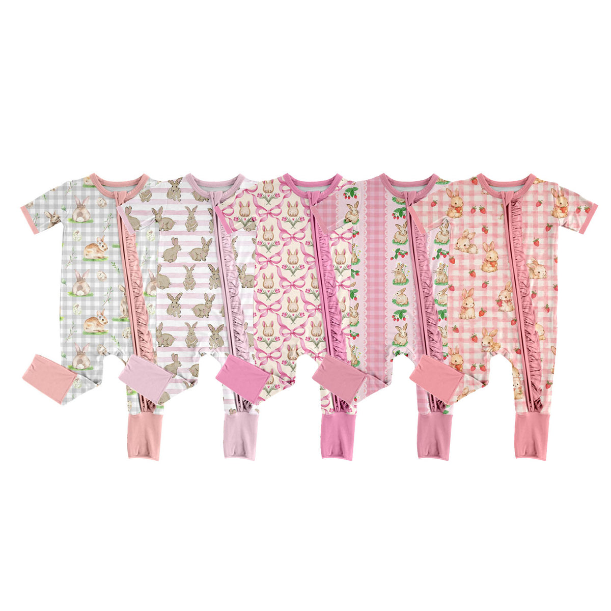 Preorder (moq 5) Baby Girl Clothes Easter Bunny Pink Stripe Watercolor Print Short Sleeve Zipper Ruffle Romper