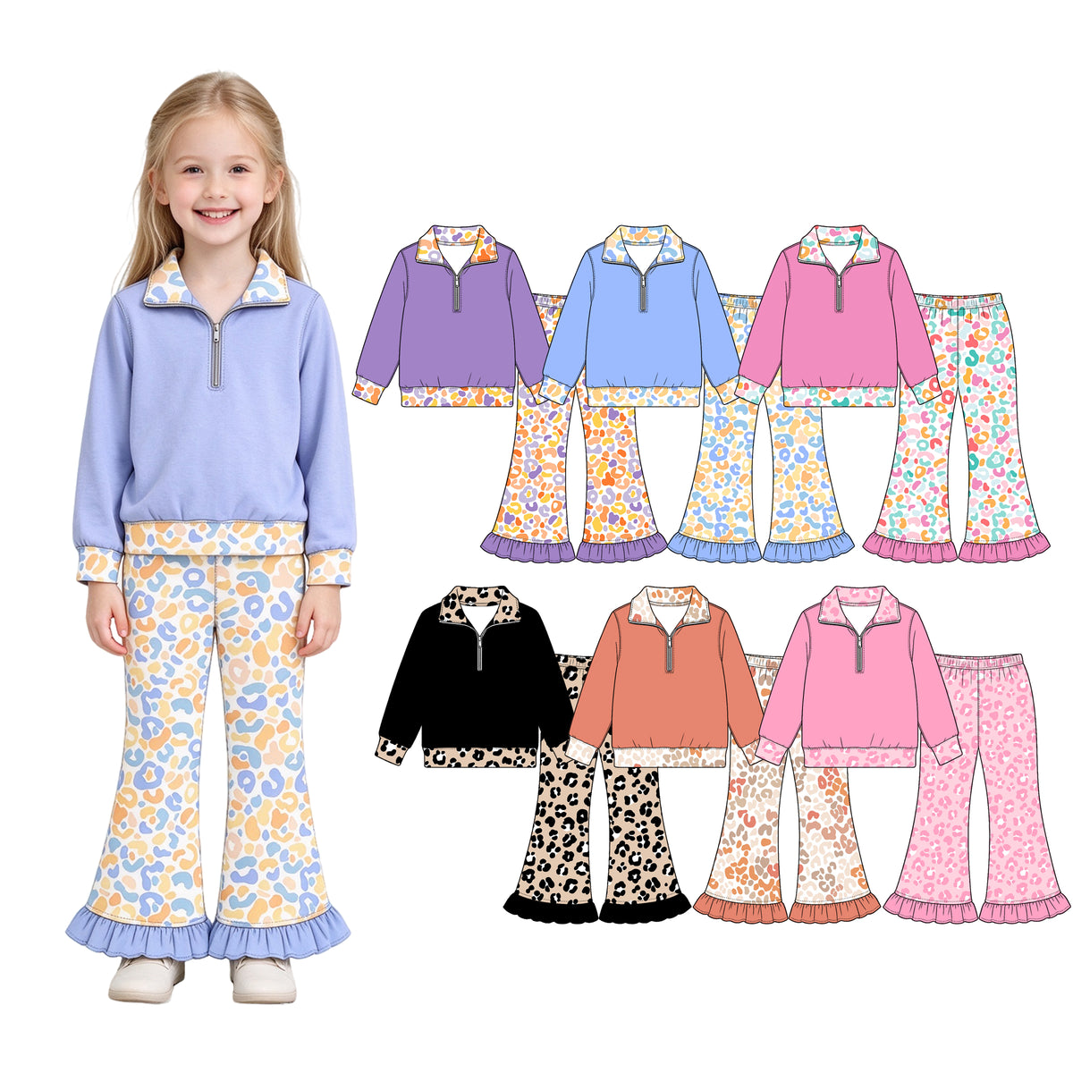 Preorder (moq 5) Baby Girl Clothes Terracotta Pastel Leopard Print Long Sleeve Half Zip Top Ruffle Flare Pant Set