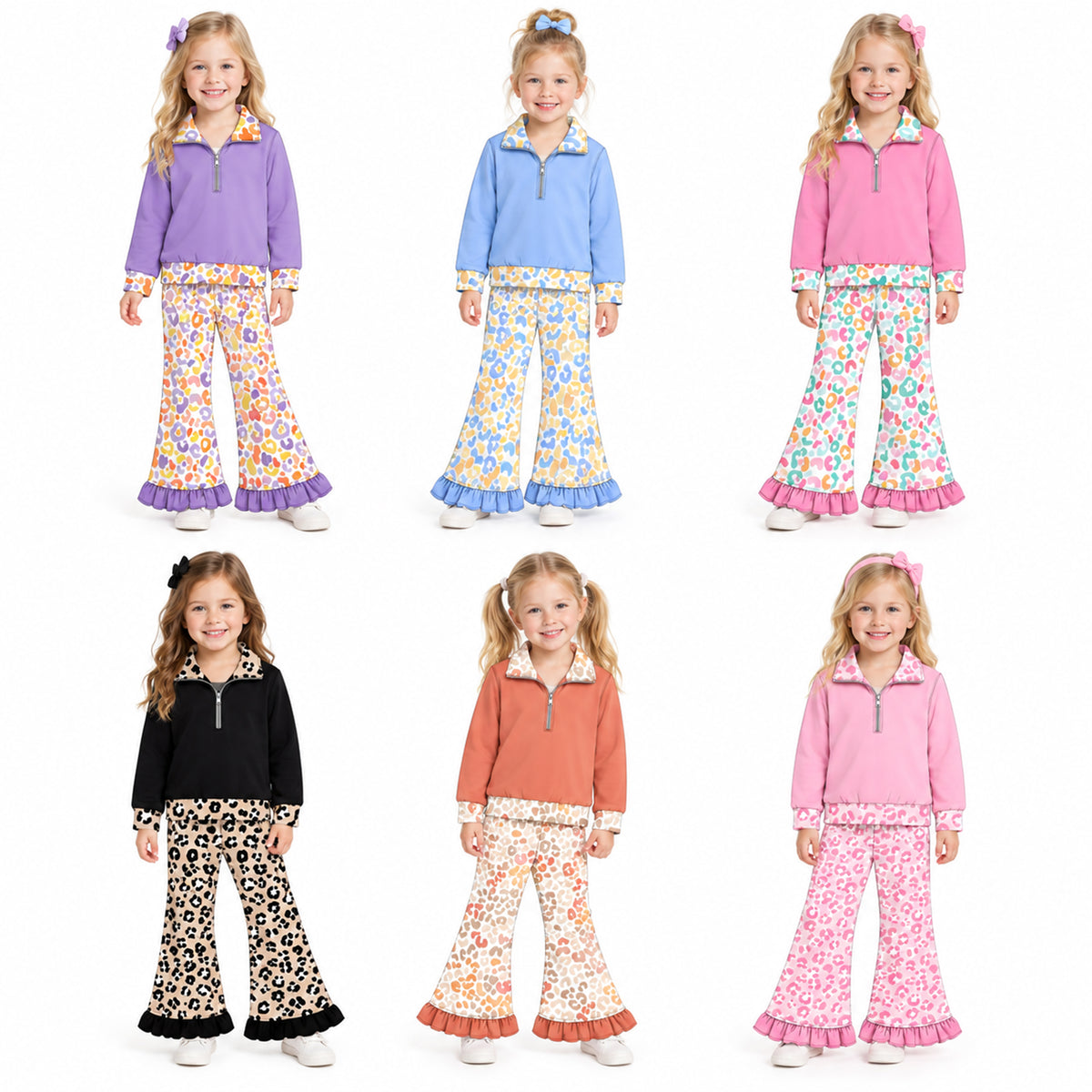 Preorder (moq 5) Baby Girl Clothes Terracotta Pastel Leopard Print Long Sleeve Half Zip Top Ruffle Flare Pant Set