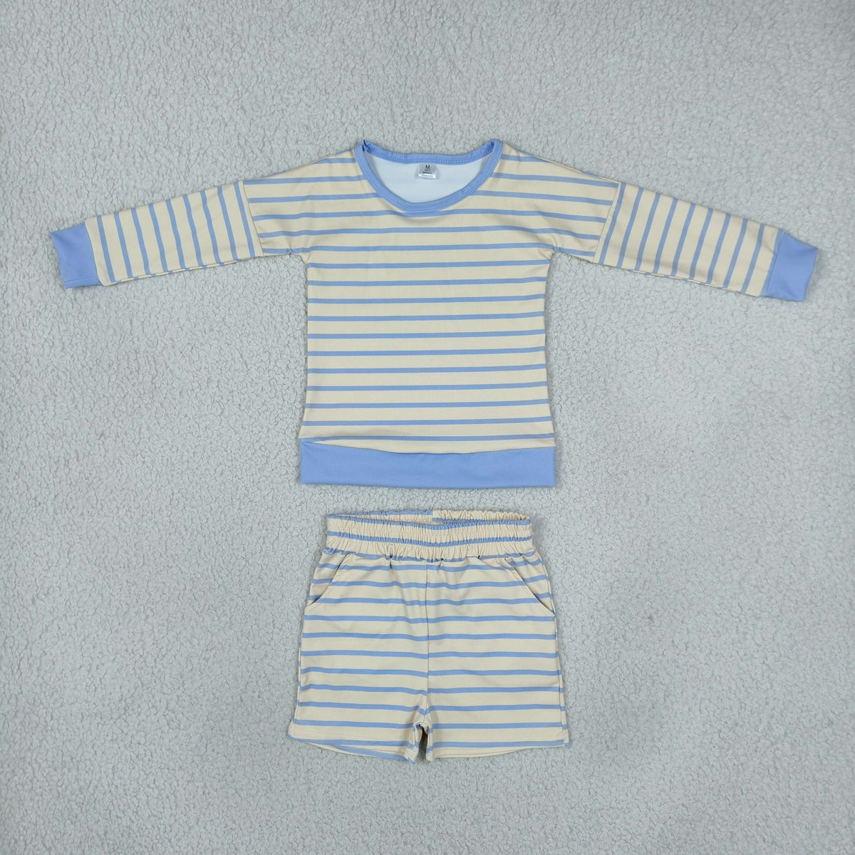 NO MOQ RTS GLS0125-yoga Baby Girl Clothes Blue Beige Stripe Print Long Sleeve Top Shorts Set 202610