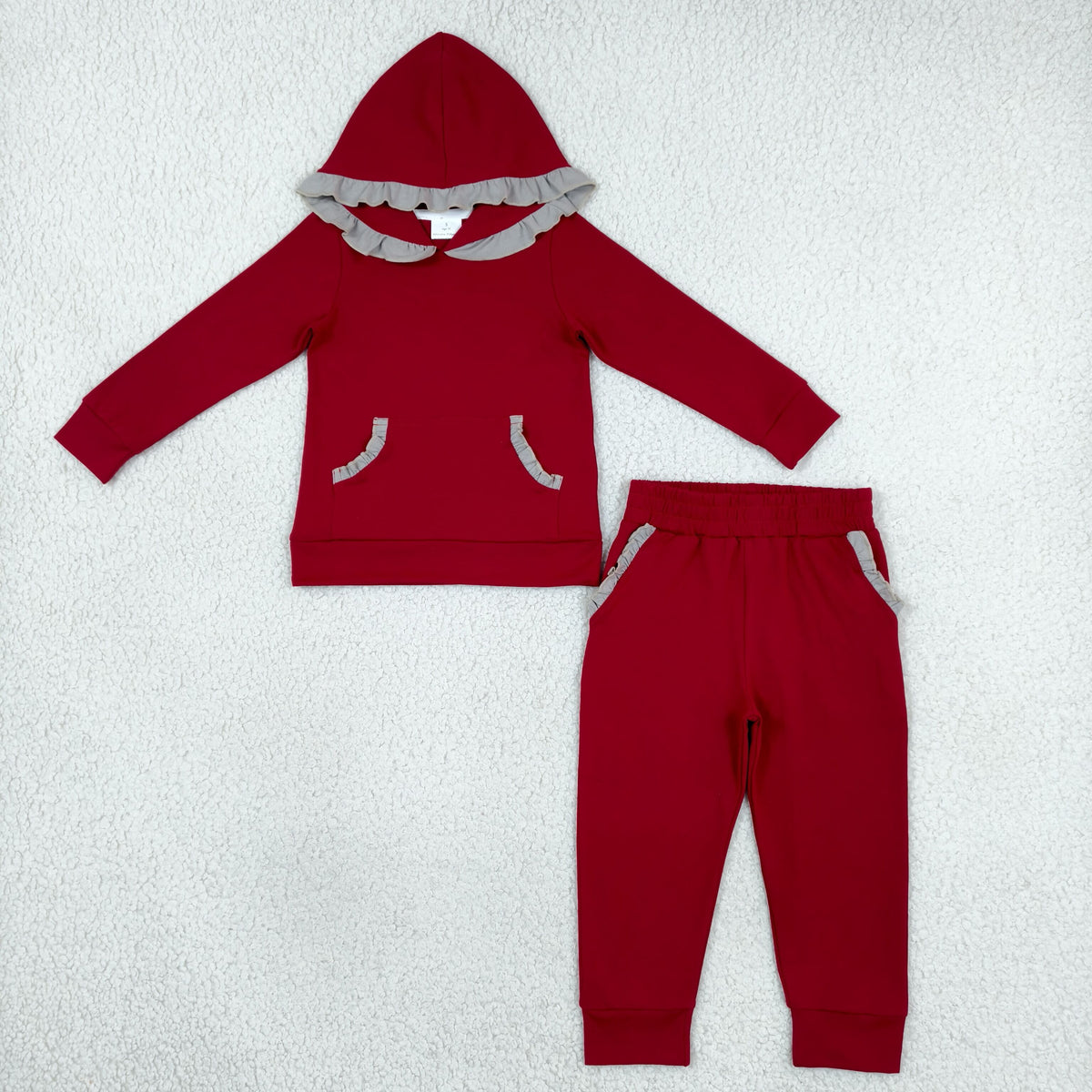 NO MOQ RTS GLP3565 Baby Girl Clothes Solid Red Ruffle Trim Long Sleeve Hoodie Jogger Pant Set 202610