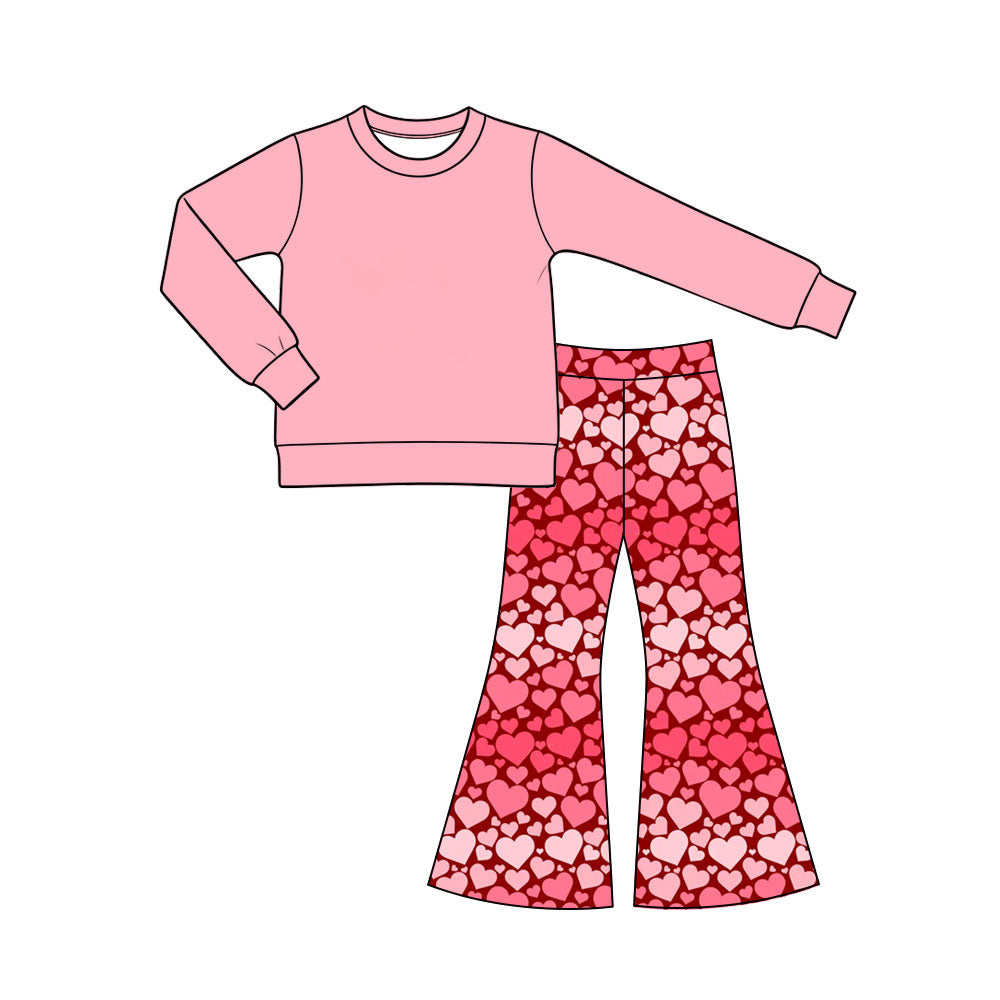 Preorder (moq 5) Baby Girl Clothes Valentine Multi Shade Heart Print Long Sleeve Top Flare Pant Set