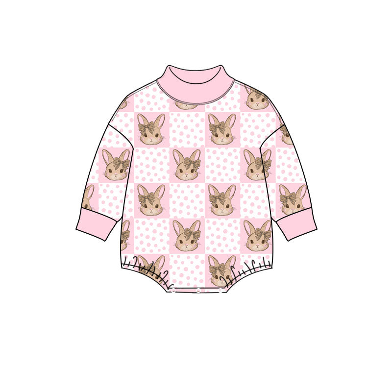 Preorder (moq 5) Baby Girl Clothes Easter Bow Bunny Pink Polka Dot Check Print Long Sleeve Mock Neck Bubble Romper