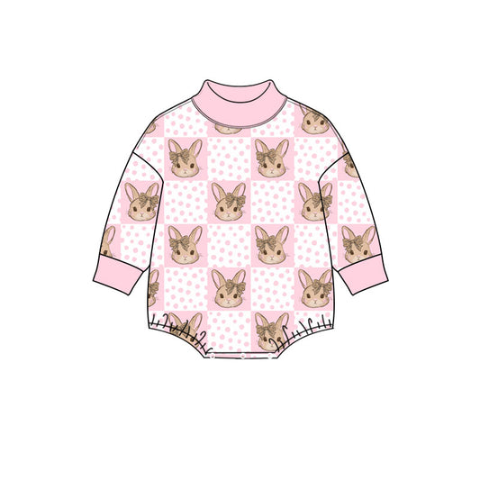 Preorder (moq 5) Baby Girl Clothes Easter Bow Bunny Pink Polka Dot Check Print Long Sleeve Mock Neck Bubble Romper