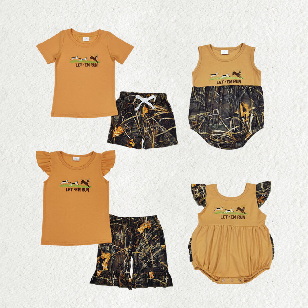 GSSO1263 embroidery western deer hunt dog camo short sleeve GIRL shorts outfit 202406 RTS