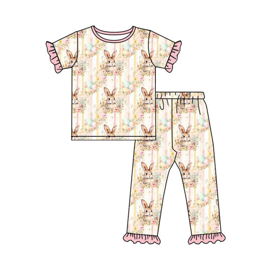 Preorder (moq 5) Baby Girl Clothes Floral Easter Bunny Stripe Egg Print Short Sleeve Ruffle Tee Ruffle Pant Set