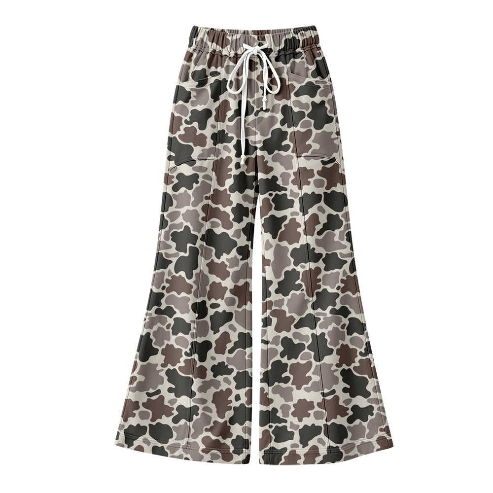 Preorder (moq 5) Baby Girl Clothes Grey Brown Cow Camo Allover Print Flare Wide Leg Pants