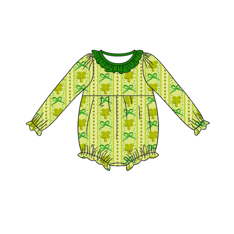 Preorder (moq 5) Baby Girl Clothes St Patricks Day Dotted Clover Bow Vertical Print Long Sleeve Ruffle Bubble Romper